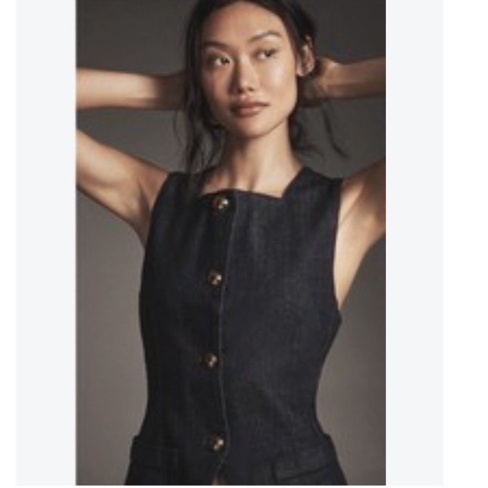 Maeve Dark Wash Denim Long Vest XL Square Neck Gold Buttons